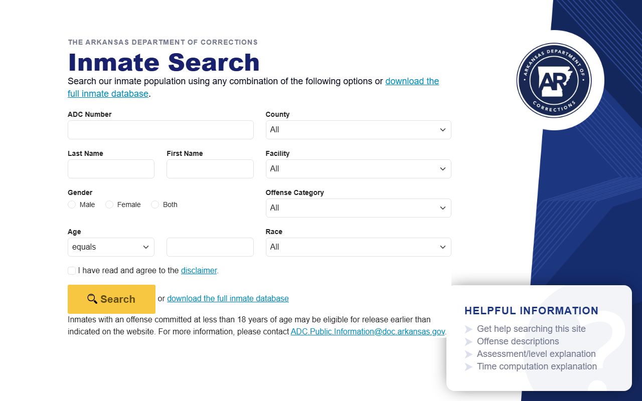 Ashley County inmate population Arkansas DOC inmate search form
